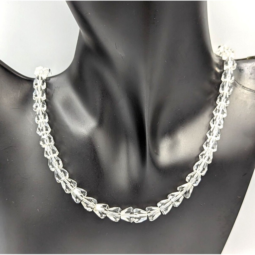 Faceted Rock Crystal Necklace Quartz Art Deco Sterling Silver Clasp 16" Vintage